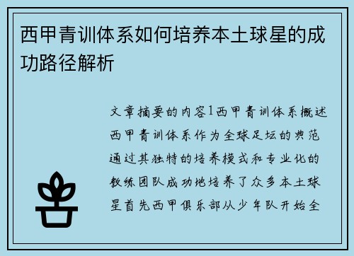 西甲青训体系如何培养本土球星的成功路径解析 西甲青训体系如何培养本土球星的成功路径解析