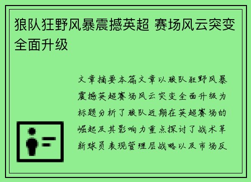 狼队狂野风暴震撼英超 赛场风云突变全面升级 狼队狂野风暴震撼英超 赛场风云突变全面升级